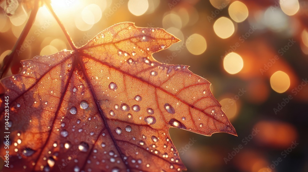 Wall mural Maple leaf wallpaper with intricate veins autumn light and fine dewdrops blurred background for depth