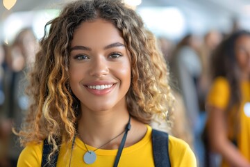 Fototapeta premium A beautiful young woman standing in front of a group of people