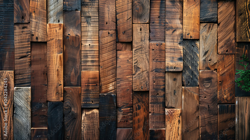 Poster a wall is adorned with an array of wooden planks, showcasing different shades and textures. each pla