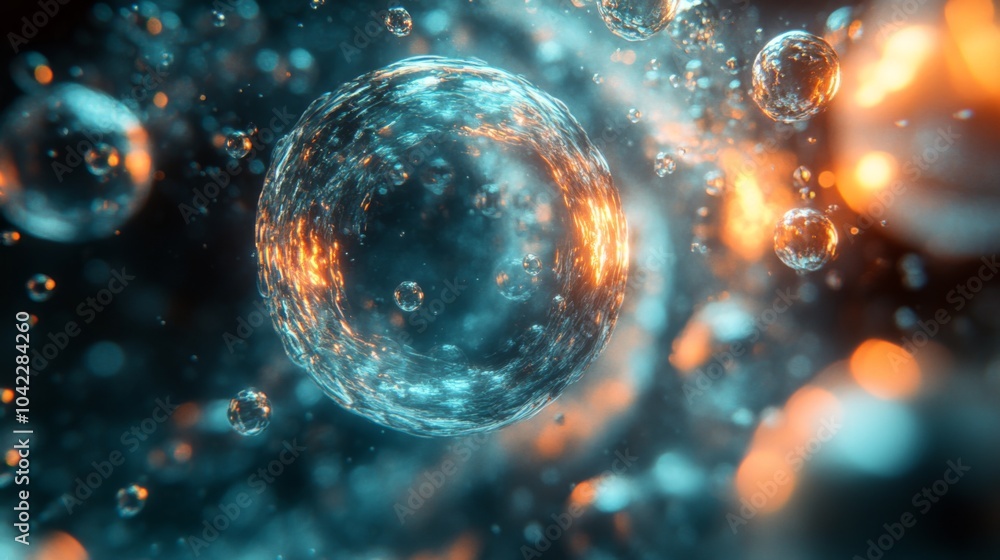 Poster bubbles of various sizes drift gracefully through a dark space, illuminated by shimmering light. the