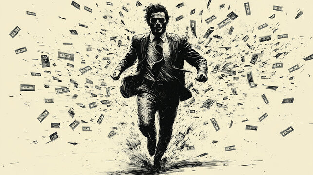 Sketch of a businessman chasing money that is tied to him in a humorous concept illustration