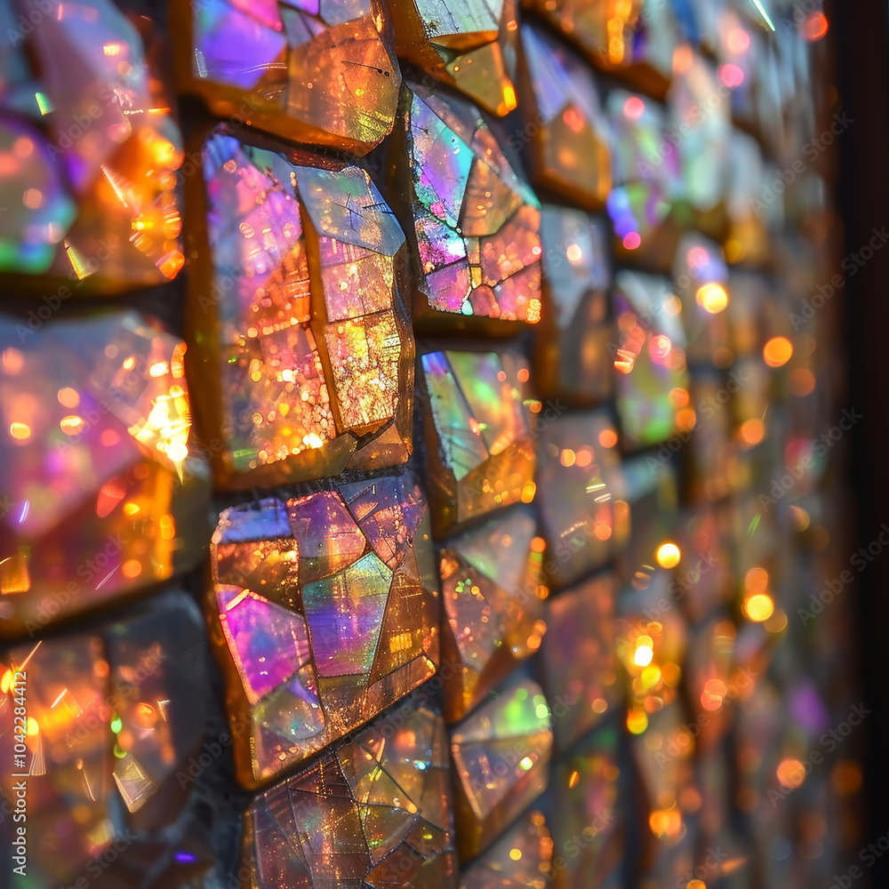Poster a close-up view of a mosaic wall made of shimmering tiles, reflecting a spectrum of colors in warm s