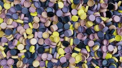Top view on a pile of colorful plastic bottle caps. Plastic industry product. Garbage reuse. 3d render illustration