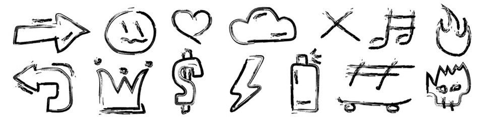 Graffiti vector icon set. Black grunge lettering. Grunge icons. Drawing from a spray can vector. Black paint style drawing. Street style inscription on the walls of buildings. Vector illustration.