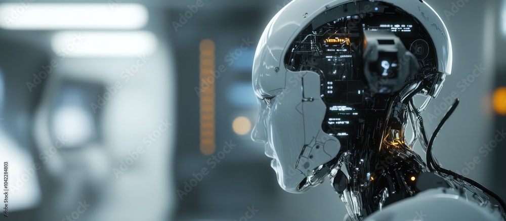Poster close up of a white robotic head with exposed circuitry and glowing lights in a futuristic laborator