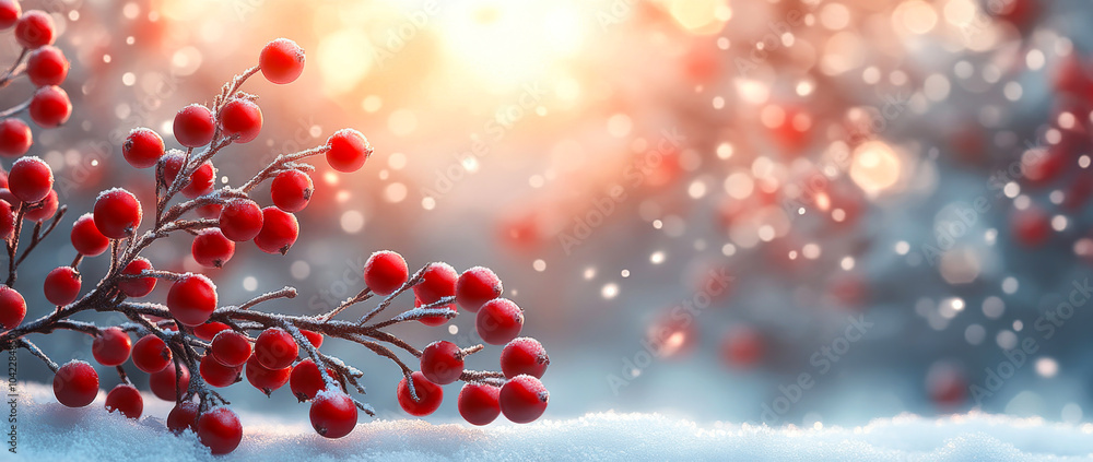 Poster a red branch with snow on it. the snow is falling and the branch is covered in snow