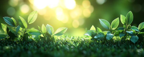A lush green field with a few leaves on the ground. The leaves are wet and the grass is green