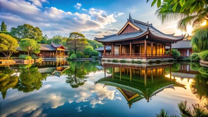 Obraz premium Reflection of temple in pond in garden with low angle view