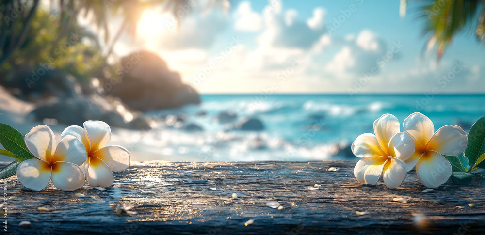 Poster a beautiful beach scene with a wooden table and a view of the ocean. the table is covered with two w