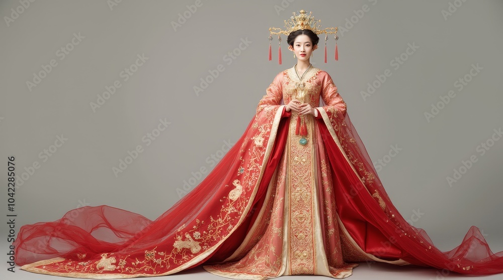 Wall mural elegant woman in traditional red attire holding a royal staff poses against a neutral background, sh