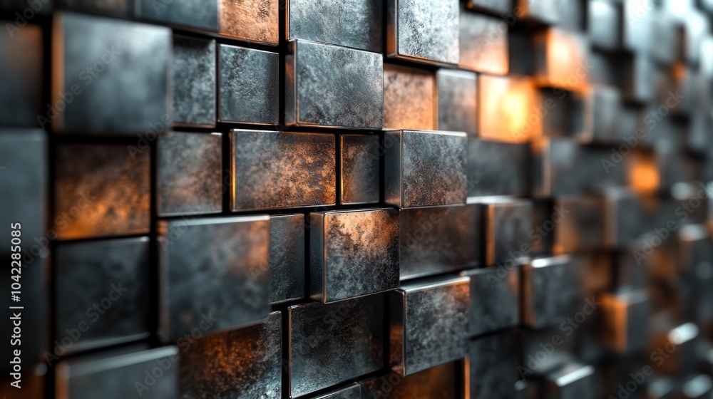 Poster an abstract arrangement of dark metal blocks creates a textured wall, with warm light reflecting off
