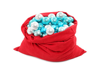 Red Santa Claus bag with baubles isolated on white