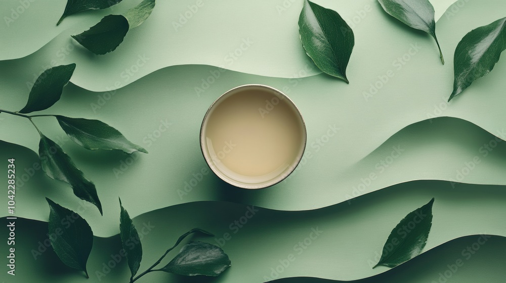 Aufkleber a delicate tea cup sits at the center, surrounded by gentle waves of green leaves that create a tran