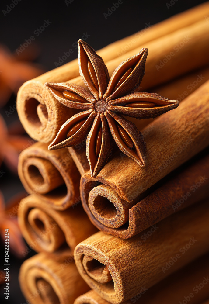Poster a close up of cinnamon sticks with a star shaped spice on top. the cinnamon sticks are piled on top 