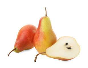 Whole and cut ripe pears isolated on white
