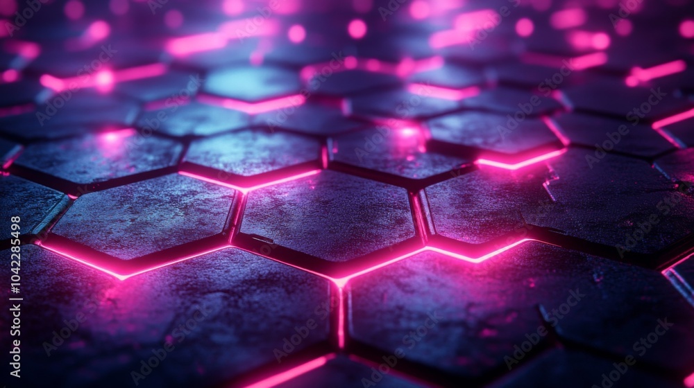Leinwandbilder Glowing hexagonal tiles create an eye-catching pattern, with vibrant pink neon lights reflecting on the dark surface, creating a striking visual effect.
