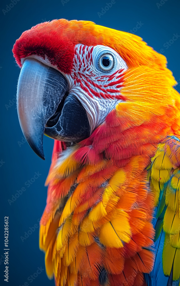 Poster a colorful parrot with a red beak and yellow feathers. the bird is looking directly at the camera