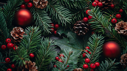 a festive Christmas wreath made up of green pine branches, adorned with red ornaments, holly berries, and pine cones