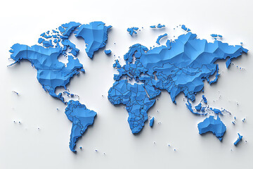 A three-dimensional relief representation of a world map in vibrant blue, highlighting continents and countries. The map is set against a light background, emphasizing its artistic design and detail.