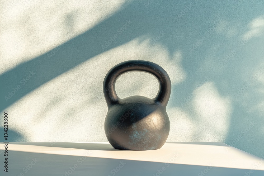 Poster a simple black kettlebell is placed on a white surface, illuminated by soft daylight, with gentle sh