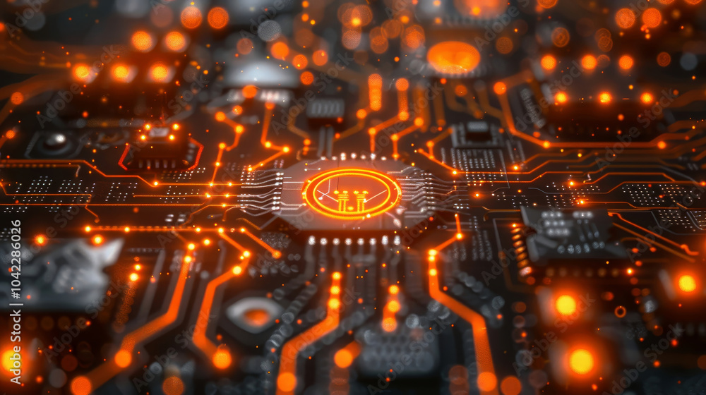 Poster a detailed view of a circuit board illuminated by vibrant orange lights, showcasing intricate pathwa