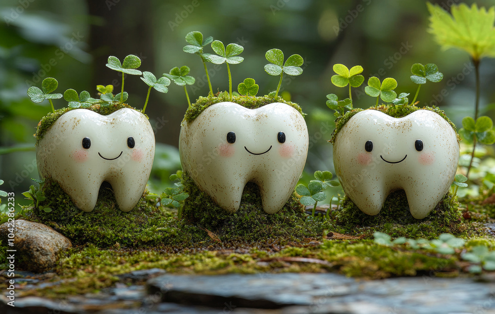 Poster three toothbrushes with green moss on them. the toothbrushes are smiling and are placed on a mossy r