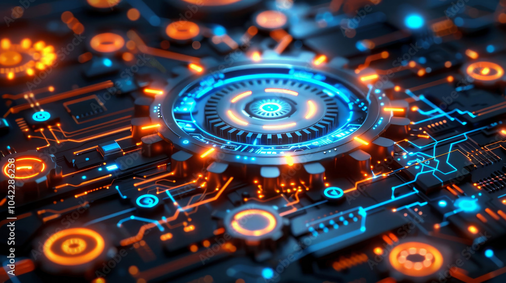 Poster a detailed circuit board layout features vibrant glowing lines and circular components, illustrating