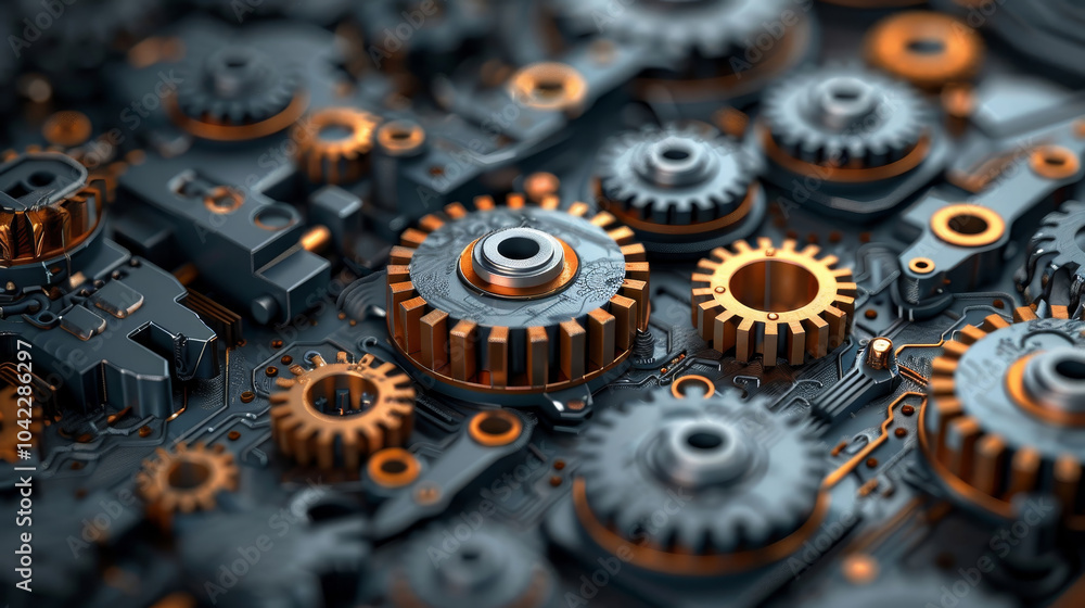 Poster a close-up view reveals a complex layout of metallic gears intermeshing, highlighting the intricacie