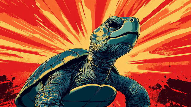 Cartoon Turtle Riding Bike Pinup Pop Art Retro Raste Illustration
