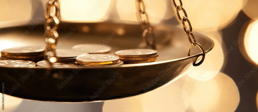 Poster close up of a golden scale with coins in the pan with a blurred background.