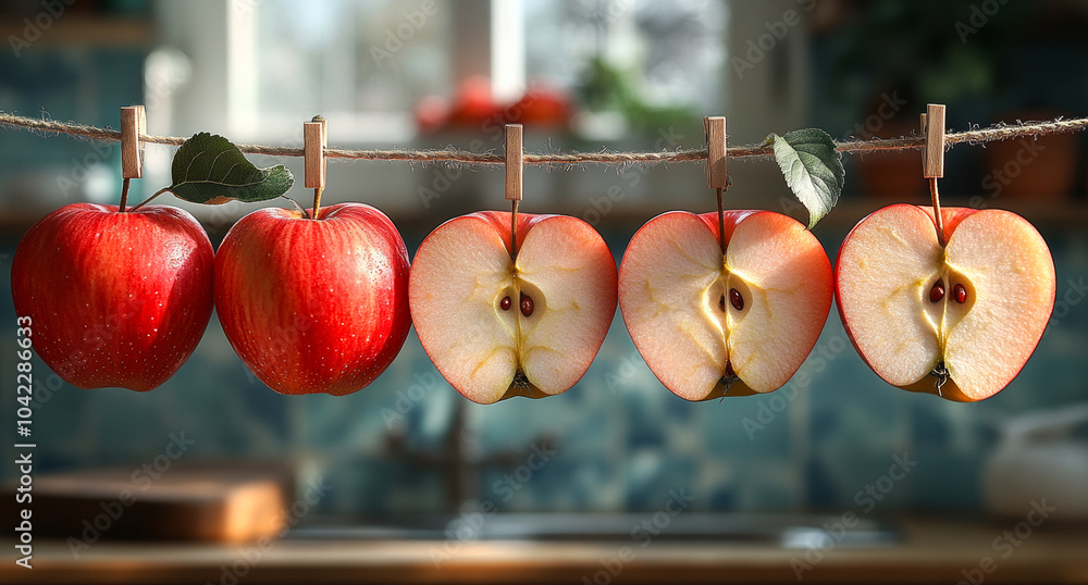 Poster a row of apples hanging on a clothesline with one apple cut in half. the apples are red and shiny, a