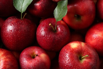 Fresh ripe red apples and green leaves as background, closeup