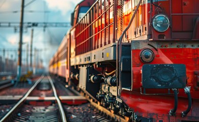 Close-up of a Red Locomotive on Railway Tracks at a Train Station During Sunset