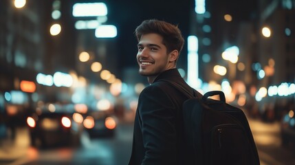 Fototapeta premium A long exposure photograph of a beautiful man smiling, wearing a luxurious black suit walking quickly