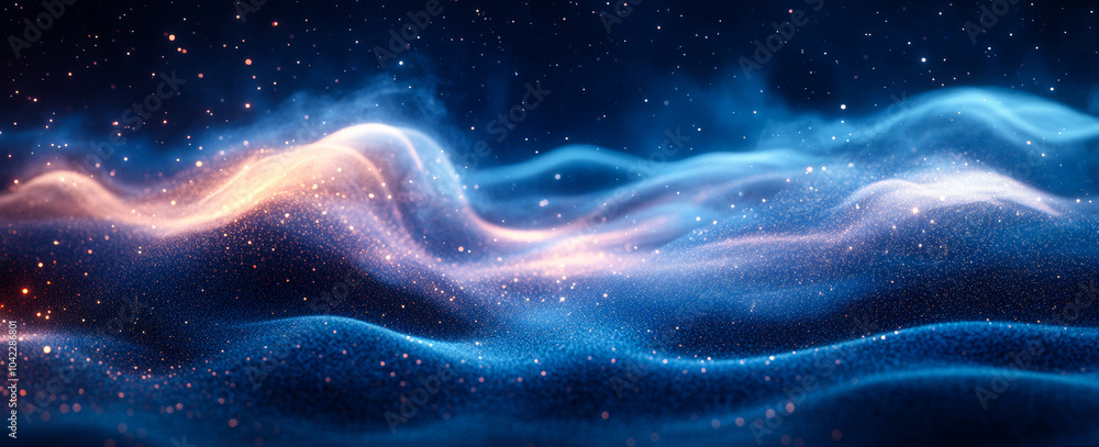 Poster a beautiful and colorful wave of light with a lot of sparkles. the light is a mix of blue and orange