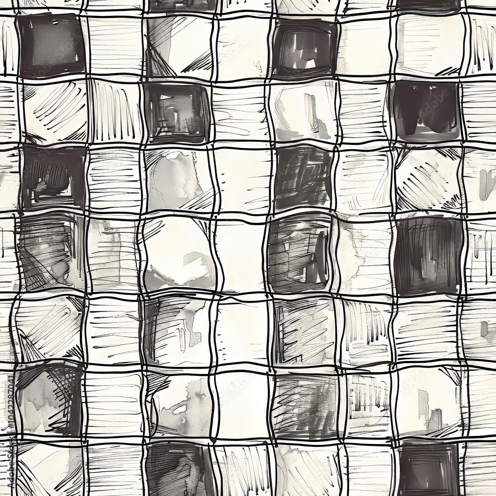 Poster a textured fabric featuring a grid of black and white squares with varying shading, creating an arti