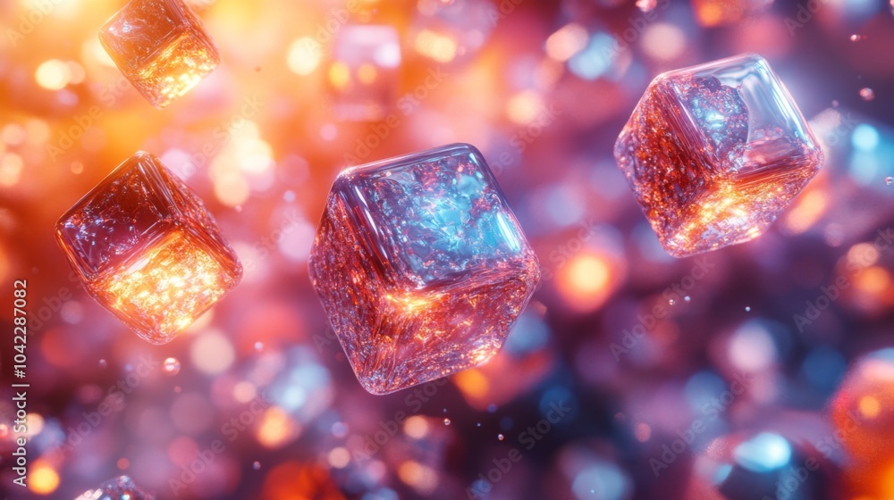 Poster Brightly colored ice cubes hover in vibrant multicolored backgrounds, showcasing a mesmerizing blend of light and reflections in a digital experiment.