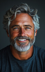 Obraz premium A man with a beard and gray hair is smiling and looking at the camera. He is wearing a black shirt and he is happy