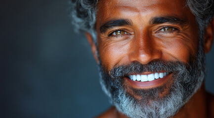 A man with a beard and gray hair is smiling. He has a white tooth and is wearing a blue shirt