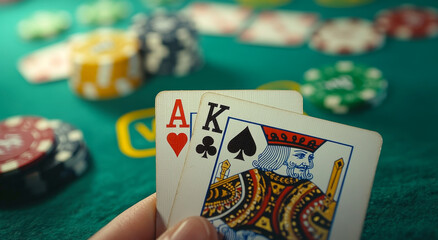 A hand holding two playing cards with the King and Ace on them. The cards are on a green table with other poker chips