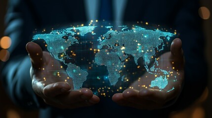 A man holding a computer, wearing a suit, virtual interface, world map