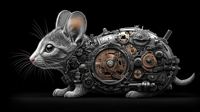 Sketch of a Clockwork Mouse Mechanical Toy for Cat - Engraved Style