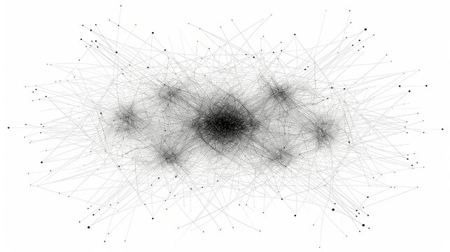 An intricate visual display shows numerous interconnected nodes and lines, representing complex relationships and networks in an abstract design, emphasizing structure and connectivity.