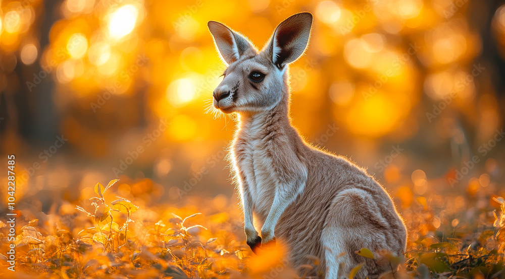 Poster a kangaroo is sitting in the grass with its head down. the scene is set in a field with a lot of yel