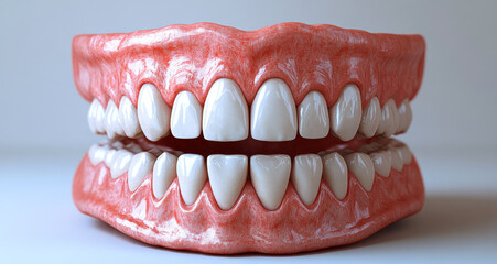 Obraz premium A close up of a fake tooth with a pinkish hue. The tooth is white and has a pinkish tint to it