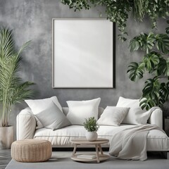 A white couch is in a room with a large picture frame on the wall