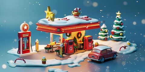 An isometric 3D rendering of a gas station with a Christmas-themed pump, featuring vibrant colors, playful ornaments, and a festive spirit that creates an inviting atmosphere for customers