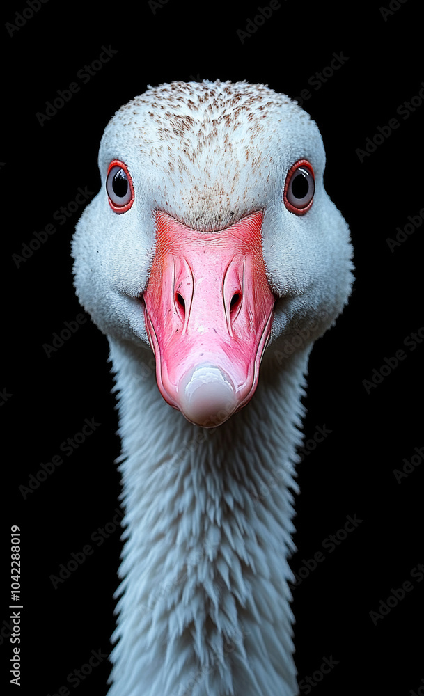 Poster a duck with a pink beak and red eyes. the duck is looking at the camera. the image has a moody and m