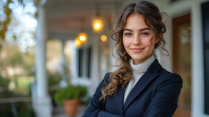 Fototapeta premium A woman in a black jacket and white sweater is smiling for the camera. She is standing on a porch and she is confident and happy