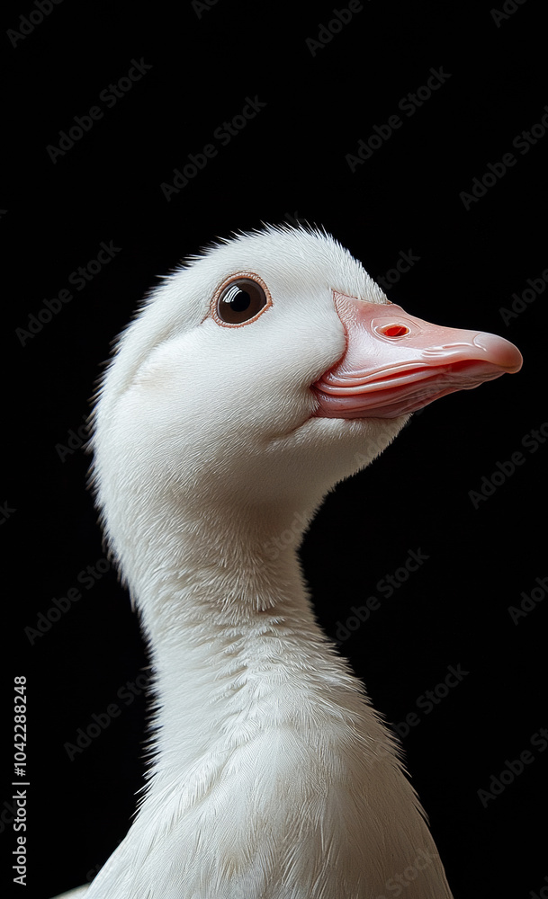 Poster a duck is looking at the camera with its beak open. the duck is white and has a pinkish color on its